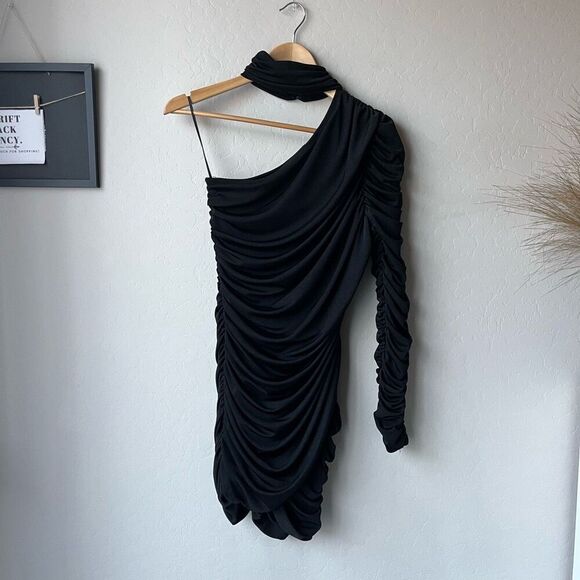 Aliette Black Ruched Bodycon Cut Out Mock Neck Long Sleeve Mini Dress Size 4 - Picture 2 of 11